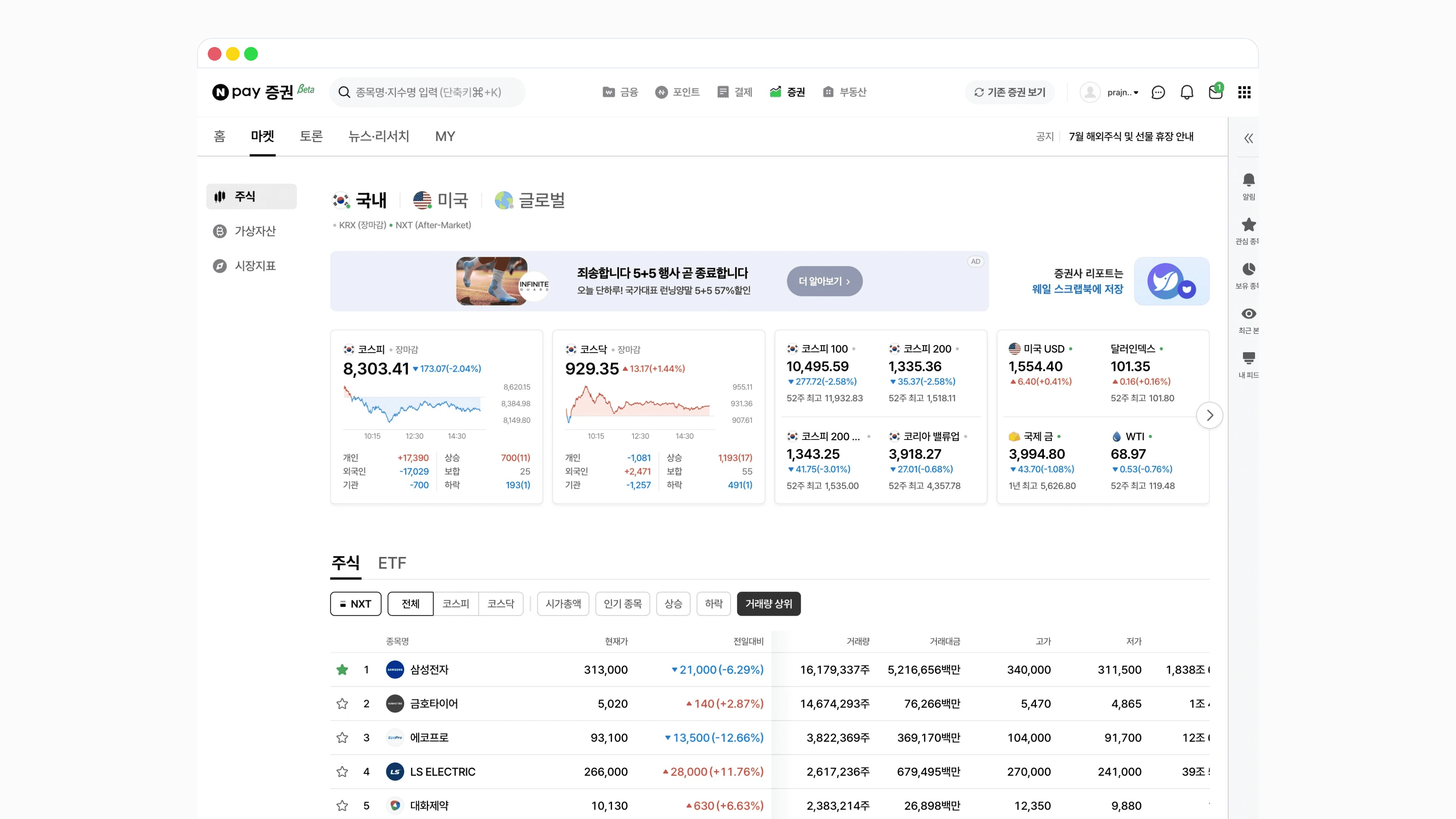 마켓 화면. 국내·미국·글로벌을 고르고 지수 카드 아래에서 거래량 상위 같은 조건으로 종목 표를 본다