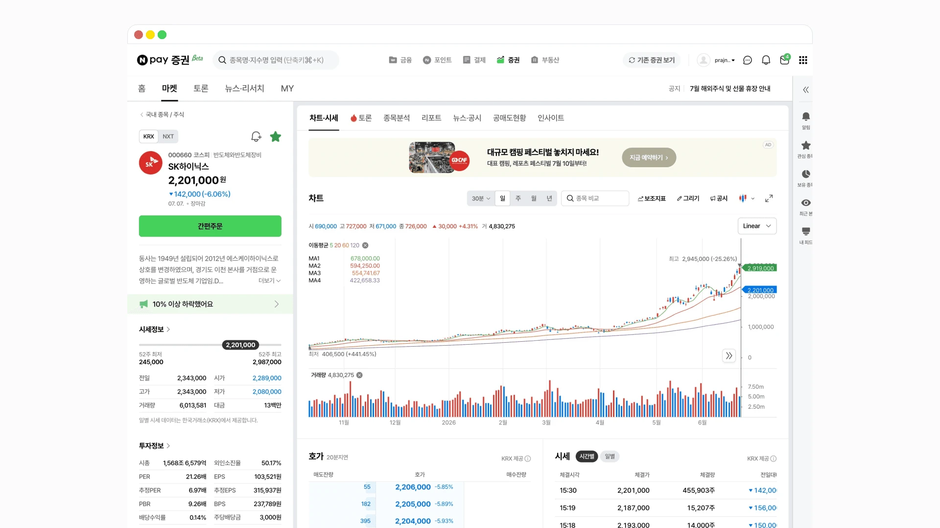 종목 상세 화면. 왼쪽에 시세·투자정보 요약, 오른쪽에 차트와 호가·시세, 위에 토론·리포트 등 탭을 둔다